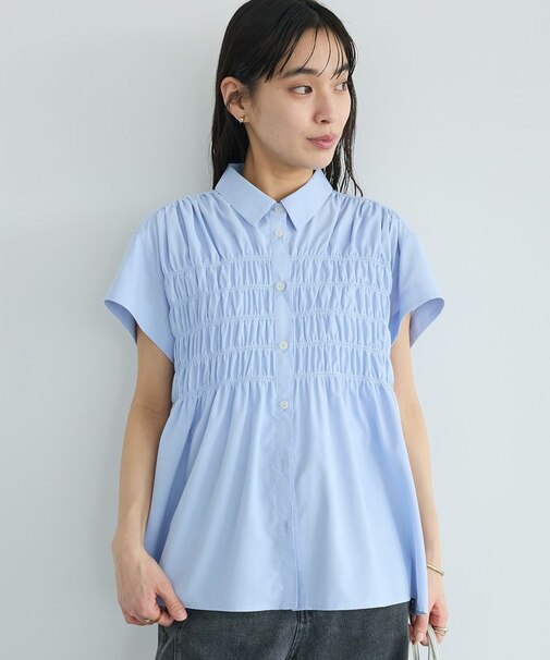 遮熱/接触冷感/UVカット シャーリングショートスリーブブラウス