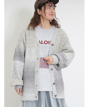 グラデーションブークレミドル丈Vネックカーディガン