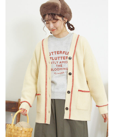 配色ステッチVネックニットカーディガン