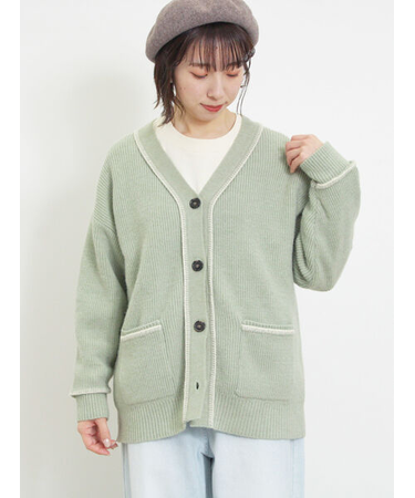 配色ステッチVネックニットカーディガン