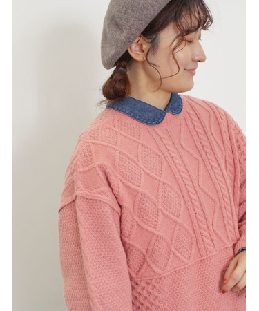 パッチワークケーブル前後2WAYニット