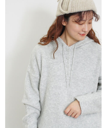 フード付きヘンリーネックニット