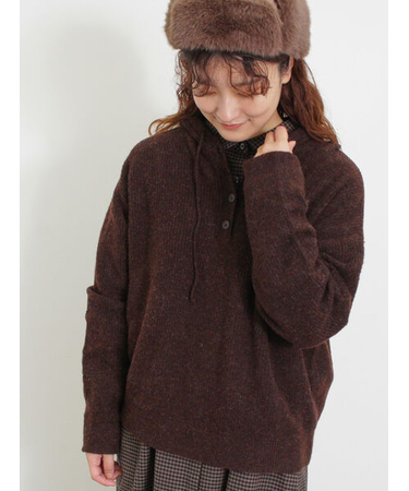 フード付きヘンリーネックニット