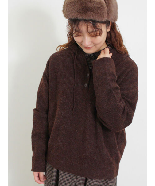 フード付きヘンリーネックニット