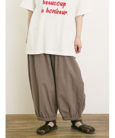 【M/Lサイズ】綿麻平織りウエスト切替ギャザーバルーンパンツ