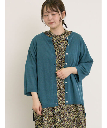 [接触冷感]花刺繍七分袖クルーネックカーディガン