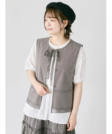 レース付きリボン開きベスト
