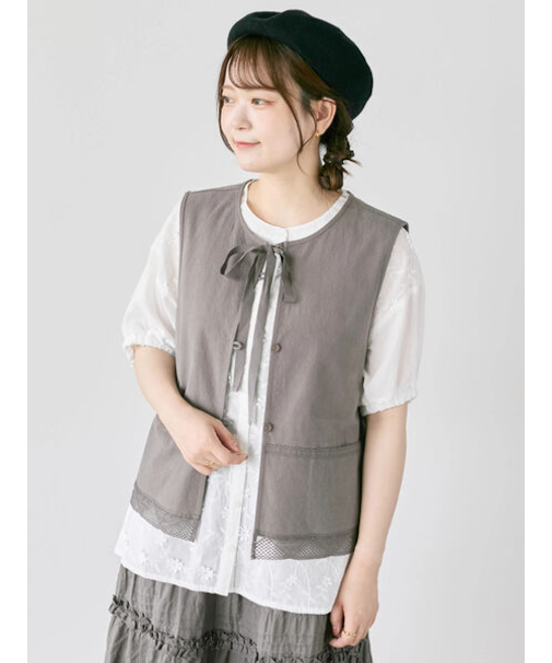 レース付きリボン開きベスト