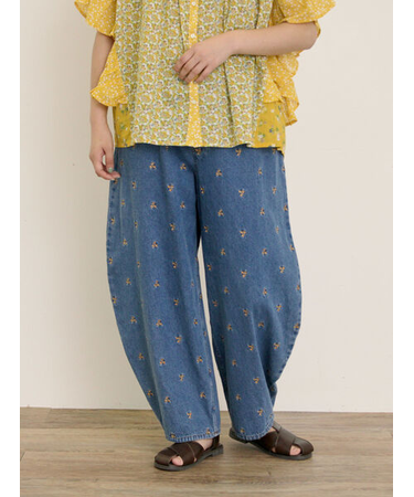 【S/M/Lサイズ】刺繍デニム/ヒッコリーカーブパンツ