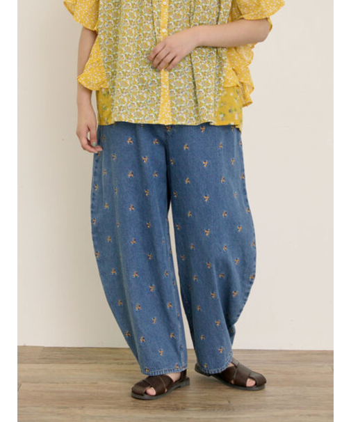 【S/M/Lサイズ】刺繍デニム/ヒッコリーカーブパンツ