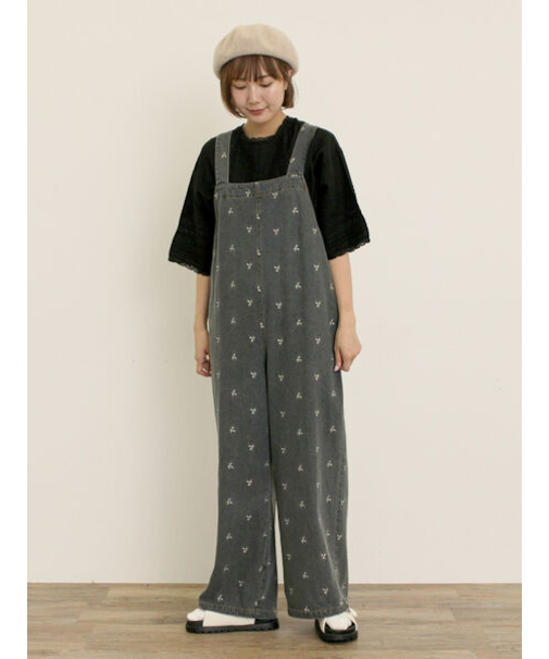 刺繍デニム/ヒッコリーサロペットパンツ