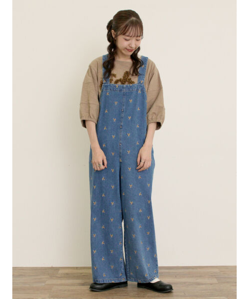 刺繍デニム/ヒッコリーサロペットパンツ
