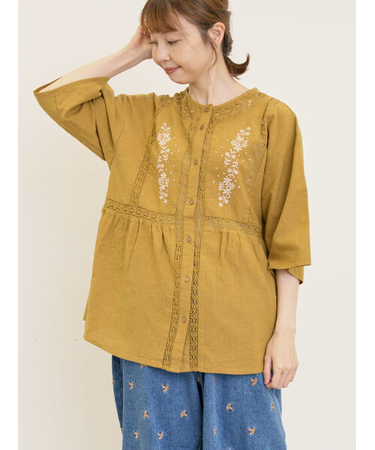 花刺繍切替えブラウス