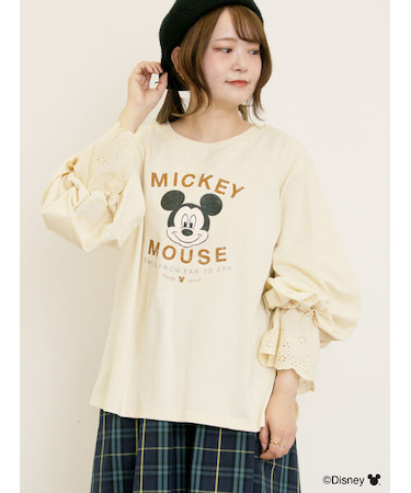 【Disney】ミッキーマウス/袖口レースロンT