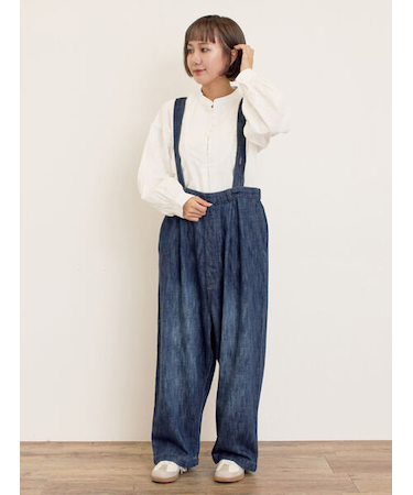 デニム/ツイルサスペンダー付きパンツ
