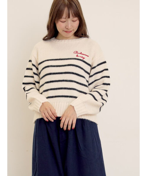 ロゴ刺繍パネルボーダーニット