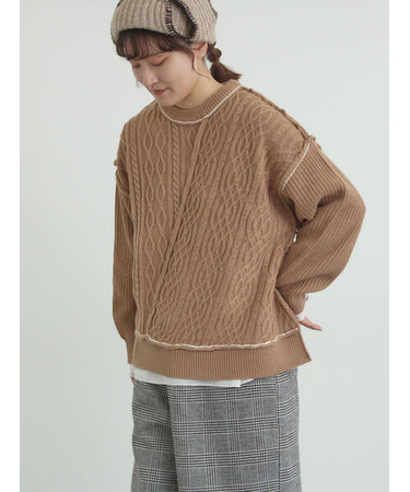 ケーブルパッチワークステッチプルオーバー