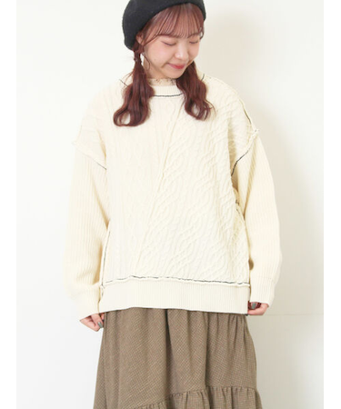 ケーブルパッチワークステッチプルオーバー