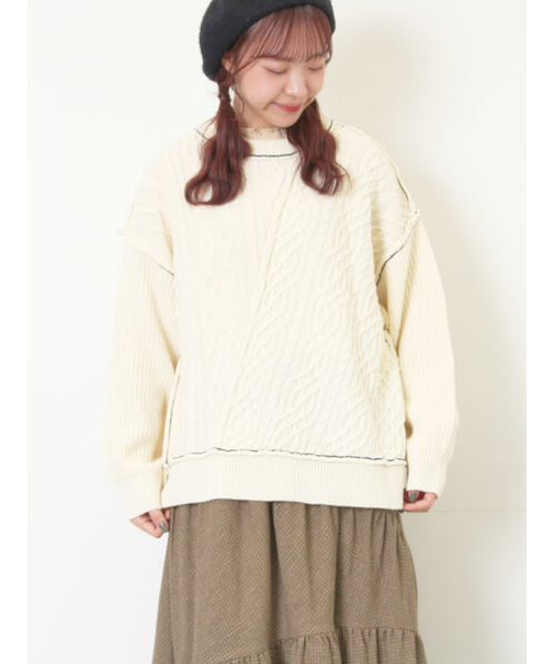 ケーブルパッチワークステッチプルオーバー