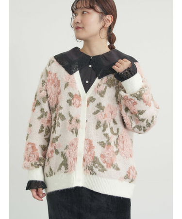 無地・花柄シャギーVネックカーディガン