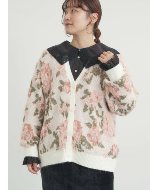 無地・花柄シャギーVネックカーディガン