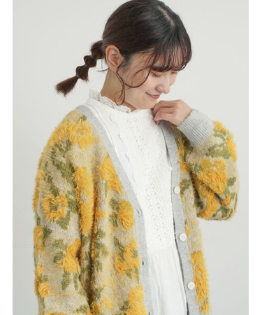 無地・花柄シャギーVネックカーディガン