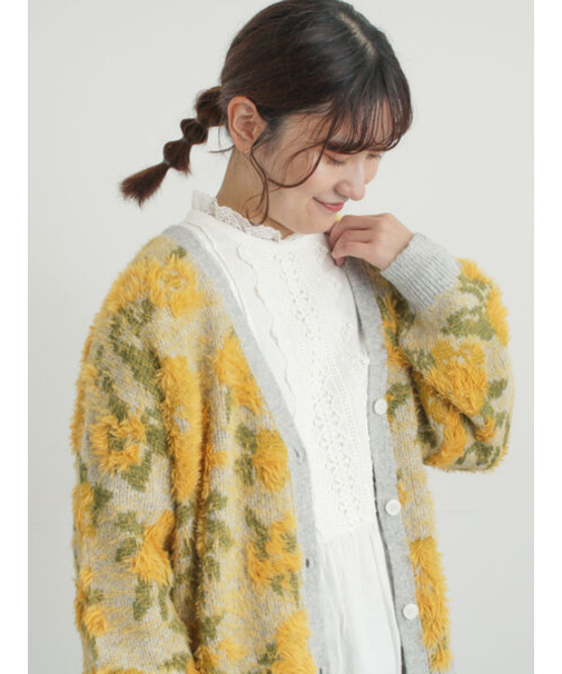 無地・花柄シャギーVネックカーディガン