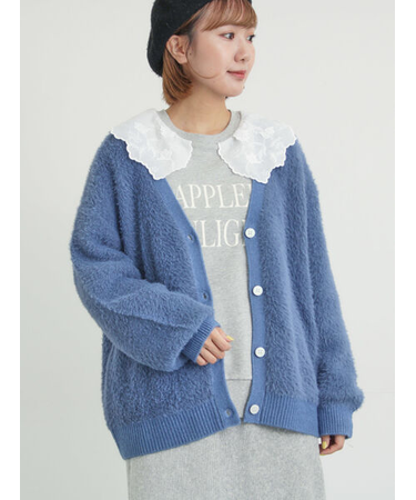 無地・花柄シャギーVネックカーディガン