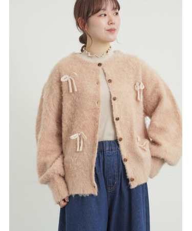 リボン付きニットカーディガン