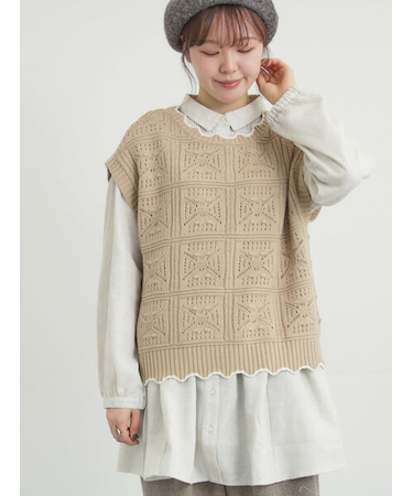 クロシェ風配色ニットベスト