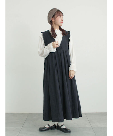 【Cross×Linen】肩フリル前後2WAYジャンパースカート