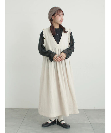 【Cross×Linen】肩フリル前後2WAYジャンパースカート