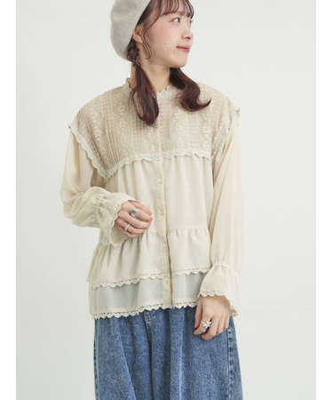裾フリルティアードレースブラウス