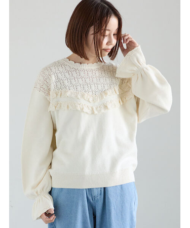 透かし柄切替レースニット
