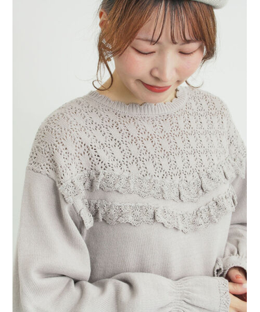 透かし柄切替レースニット