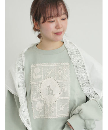 裏毛CAT柄パーツレース付スウェット