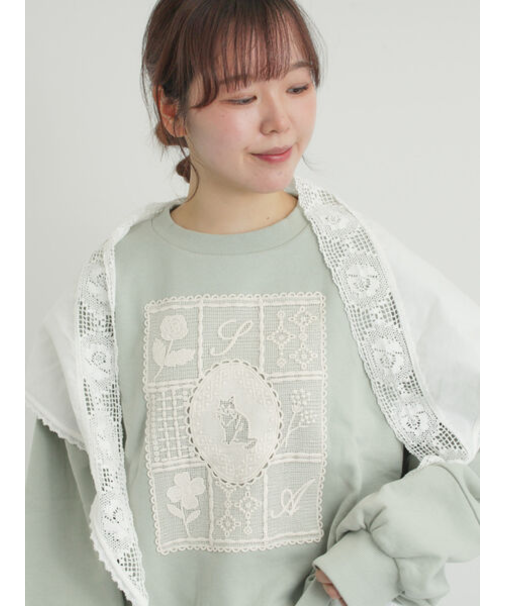 裏毛CAT柄パーツレース付スウェット