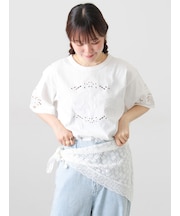 三角ストール付カットワーク刺繍Tシャツ