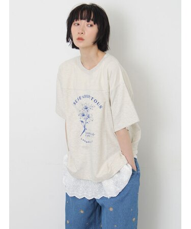【接触冷感】ミニ裏毛切替フラワープリントTシャツ
