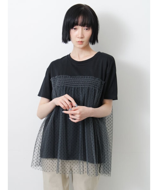 ◇【接触冷感/UVカット】ドットチュールドッキングTシャツ