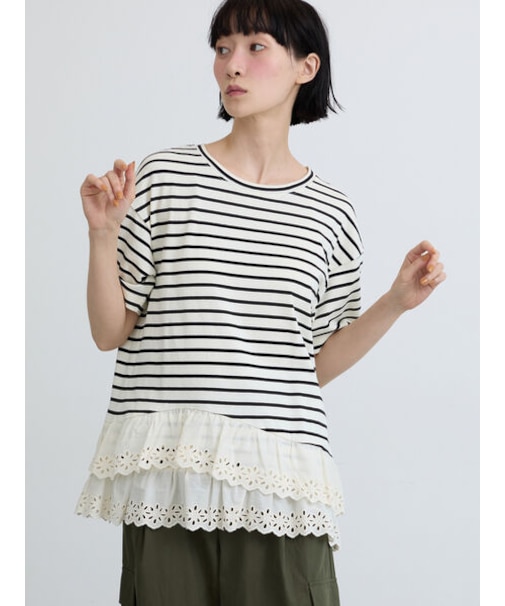 【接触冷感】裾レースボーダーTシャツ