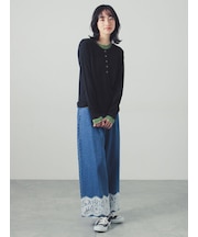デニム裾レースワイドパンツ