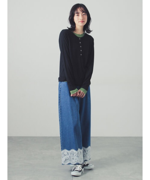 デニム裾レースワイドパンツ