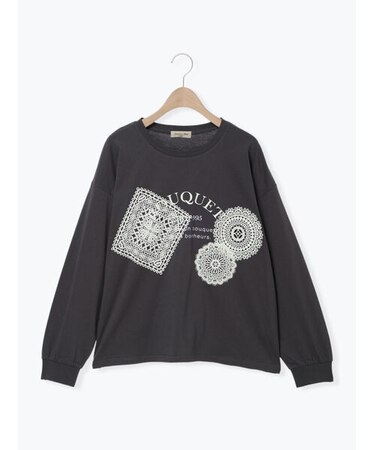 レース付きロゴプリントロングTシャツ