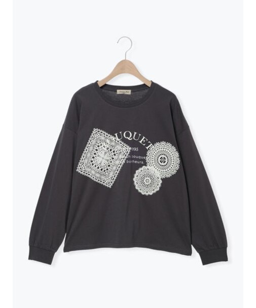 レース付きロゴプリントロングTシャツ