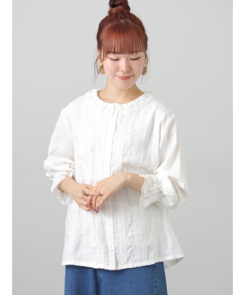 綿Puヘリンボーンレースブラウス