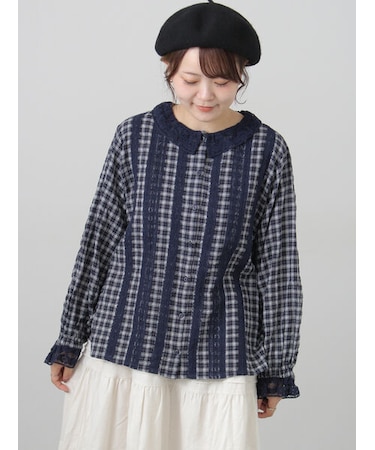 綿Puヘリンボーンレースブラウス