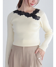 レースアシンメトリーネックリブニット