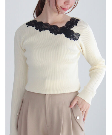 レースアシンメトリーネックリブニット