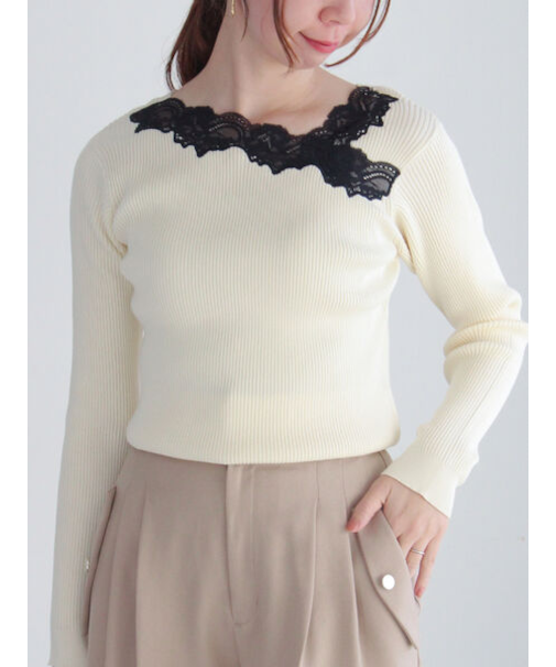 レースアシンメトリーネックリブニット